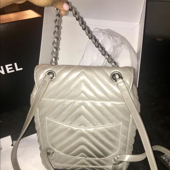 Authentic Silver Chevron Metallic Chanel Backpack - Picture 6 of 8